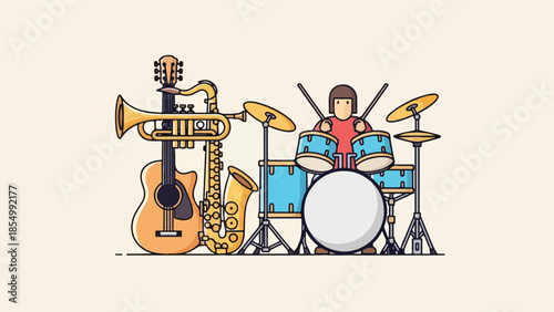 A musician playing drums surrounded by musical instruments in a studio setting with Whisk design elements