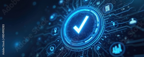 Digital abstract representing approved quality control certification. Futuristic interface shows glowing checkmark symbol inside circuit board. Verified status confirmed by secure online system.