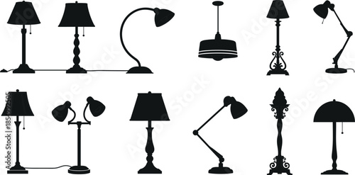Set of Interior Lamp Silhouettes and Furniture Lighting Vector Icons Featuring Table Lamps Desk Lights Pendant Hangings and Elegant Floor Lamps