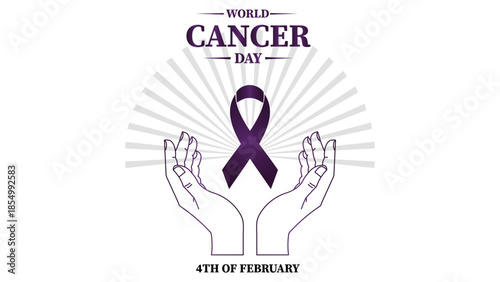 World Cancer Day logo with purple ribbon and hands