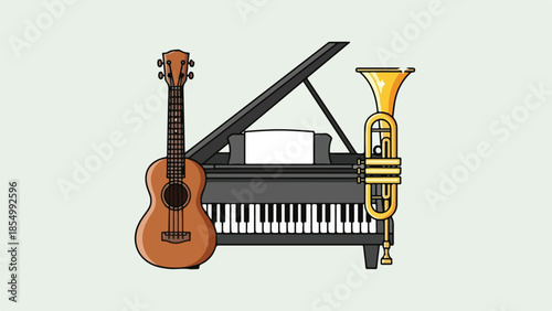 Musical instruments illustration featuring guitar, piano, and trumpet in harmony together