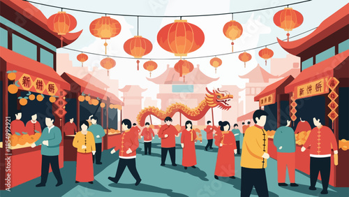 A vibrant cultural festival scene with people gathering, Whisk-inspired decorations, and traditional attire under festive lanterns