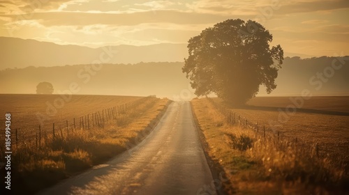 A country road leading towards a distant tree in a hazy golden landscape scene