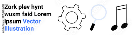 Technology, search tools, entertainment, user interface design, research, innovation. Gear, magnifying glass and music note in a minimalist style. Technology and search tools concept