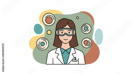 Scientist in lab coat and goggles surrounded by scientific elements.