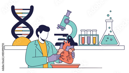 Scientist Examining Heart in Lab with DNA Microscope and Test Tubes.