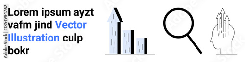 Data analysis, business growth, market trends, strategy planning, decision-making, and innovation. Bar chart, magnifying glass and head with arrows convey analysis and growth . Data analysis