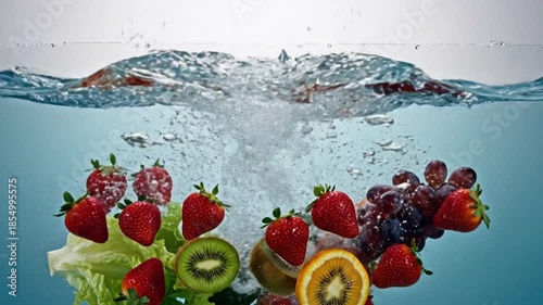 Fresh fruits and vegetables splashing into water, healthy eating concept