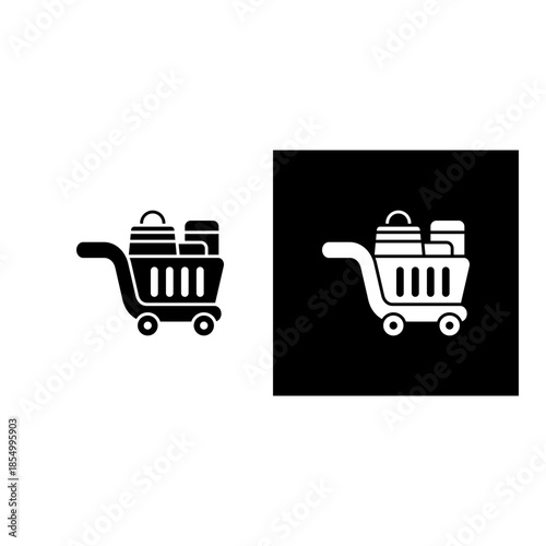Shopping Cart icon black and white filled.