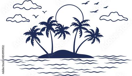 Summer tropical island sunset vector landscape illustration with palm trees and ocean waves