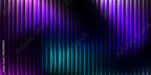Deep purple and teal vertical light lines on dark surface. Futuristic abstract gradient textured dark vertical glass grooves. Modern elegant cover template, vector illustration.