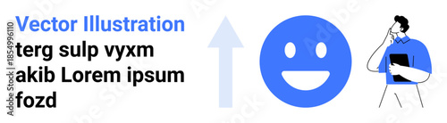 Communication, positivity, productivity, decision-making, brainstorming, user interface design. Smiling face icon, arrow text pondering person with clipboard. Communication and positivity concept
