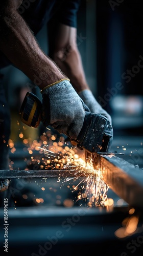 Professional Metalworker Grinding Steel with Electric Power Tool