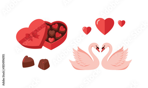 Collection Of Valentine's Day Symbols With Swans And Heart Shaped Box