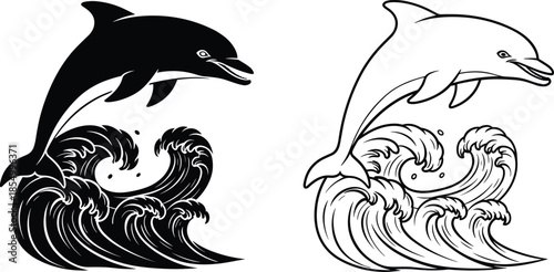 Black and white dolphin jumping out of waves ocean