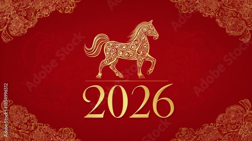 A golden horse on a red background with 