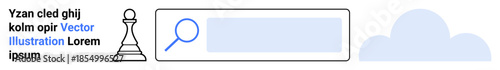 Strategy, online searching, creativity, problem-solving, decision-making, leadership. A chess piece, search bar and cloud element in a simple design. Strategy and online searching concepts