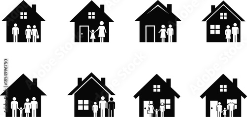 Black and white of people standing in front of houses home family