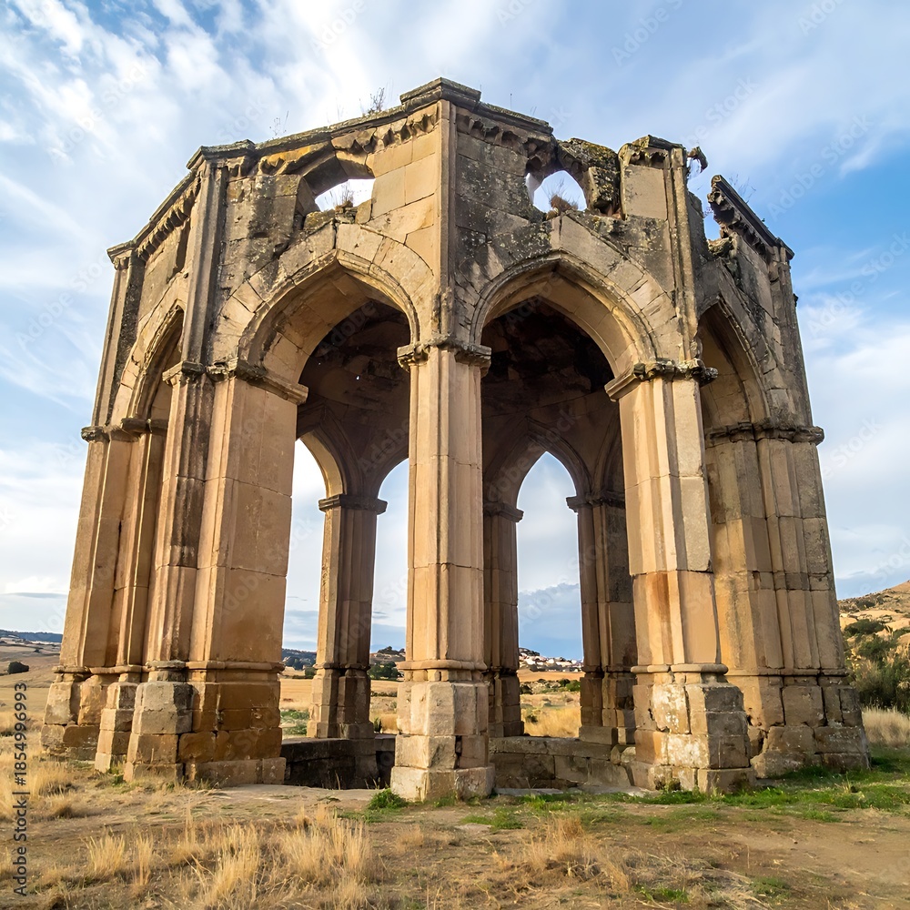 Obraz premium Rundown octagonal stone structure with arches under a blue, cloudy sky in a brown field