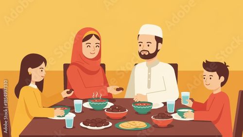 Joyful Muslim family celebrating Iftar dinner together, sharing a traditional feast during the holy month of Ramadhan, symbolizing unity and blessings