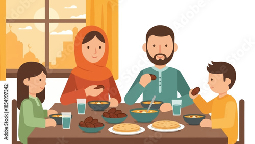 Ramadhan family gathering for Iftar meal, Islamic tradition and cultural celebration