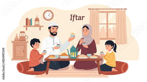 Celebrating Ramadhan A Muslim family's joyful Iftar dinner scene, sharing blessings and togetherness in a warm, traditional home setting
