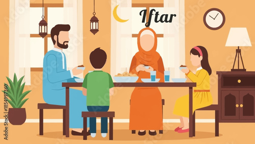 A heartwarming illustration capturing a Muslim family's joyful Iftar dinner during the holy month of Ramadhan, sharing blessings and togetherness at home