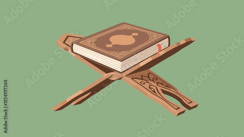 Stylized sacred scripture resting on an ornate wooden stand, symbolizing spiritual devotion and traditional reading practices during the holy month of Ramadhan