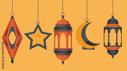 Vibrant Ramadhan festive decorations featuring a collection of traditional hanging lanterns and a crescent moon, evoking the spirit of celebration and holiness for the sacred month