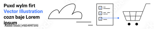 Cloud computing, online shopping, data management, digital services, productivity tools, organization. Cloud, checklist and shopping cart connected by a line. Cloud computing and online shopping