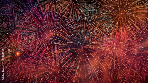 Colorful fireworks lighting the night sky in a festive celebration with bright bursts and sparkling trails creating an energetic holiday atmosphere