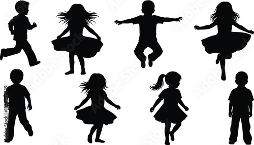 Black silhouettes of children running jumping and dancing on white background kids