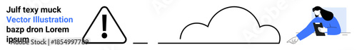 Cloud computing, data management, caution, technological interaction, user alert, safety communication. Exclamation mark and cloud shape with a user operating a smartphone. Cloud computing