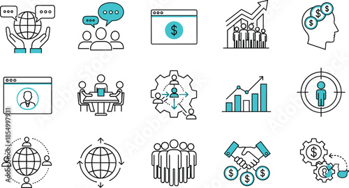 Business management and finance outline icons set with teamwork growth strategy communication investment analytics leadership and global corporate concepts