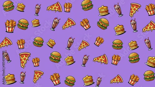 Pattern of various cartoon junk food items on purple. Ideal for childrens party invitations, foodthemed designs, and packaging illustrations.