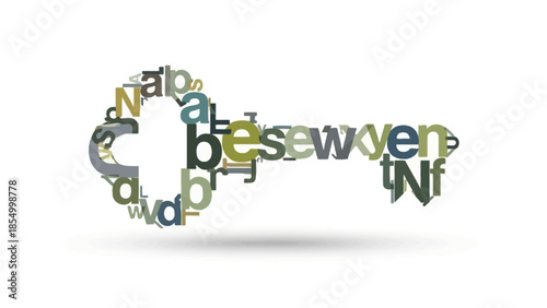 Key composed of letters and symbols symbolizing access, unlock, solution, idea, and security