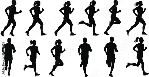 Black silhouettes of people running in various poses exercise fitness