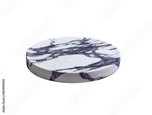 White marble round tray, elegant minimalist design, smooth surface, black veining pattern, luxury home decor, modern kitchen accessory, isolated on transparency background