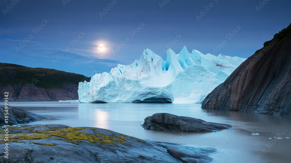 Fototapeta premium Dramatic nighttime photograph of a majestic glacier under a full moon with calm water and rugged shorelines