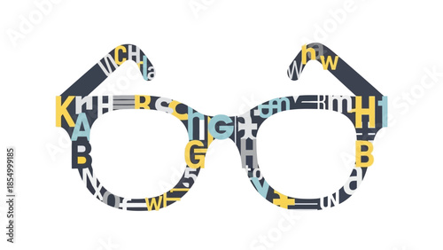 Abstract Illustration of Eyeglasses Filled with Letters and Symbols, Representing Focus