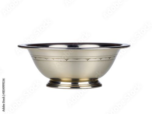 Metal bowl silver color reflective surface round shape decorative rim isolated on transparency background elegant and traditional design suitable for kitchen or dining use