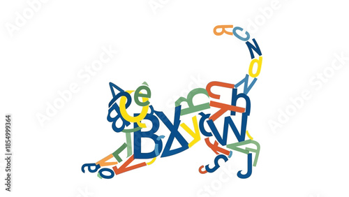 Playful Abstract Cat Silhouette Crafted from Colorful Alphabet Letters on White Background