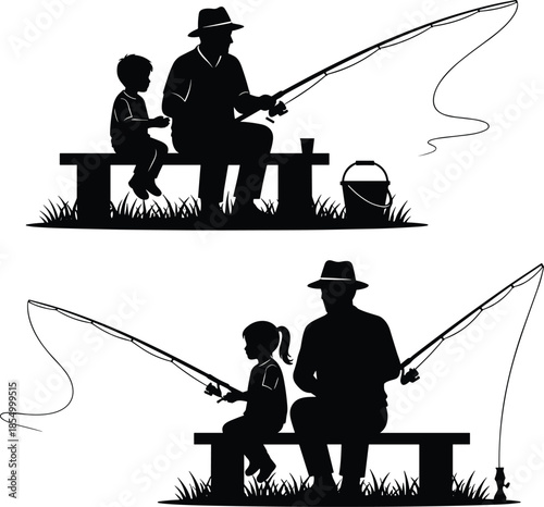 Father and child fishing silhouettes set showing family leisure activity outdoor bonding hobby with rods bench nature illustration