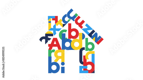 Colorful house design logo made of letters and words on a white background, representing learning and home