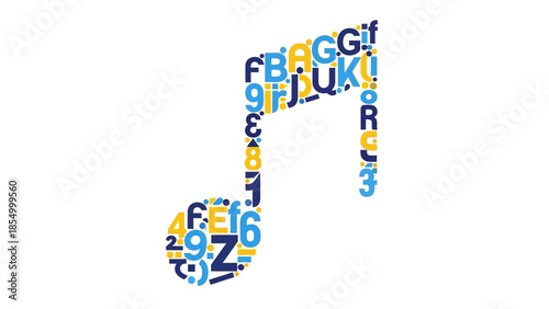 Musical Note Composition A Colorful Symphony of Letters and Symbols on White Background