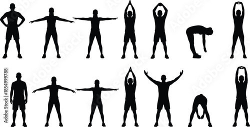 Fitness stretching exercise silhouette set showing full body warm up poses for workout training yoga flexibility routine illustration