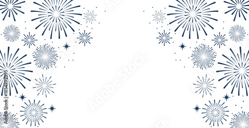 Elegant blue fireworks burst and sparkling stars on clean white background, festive celebration illustration for New Year, holiday party, greeting card, luxury event design, minimalist style vector.