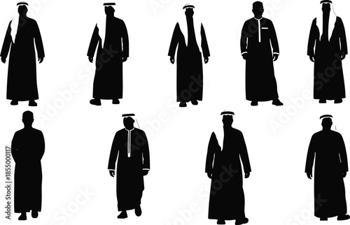 Arab men traditional clothing silhouette set showing Middle Eastern male figures in thobe kandura isolated vector illustration on white background