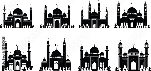 Islamic mosque silhouette collection with worshippers showing grand masjid architecture domes minarets prayer gathering isolated vector illustration