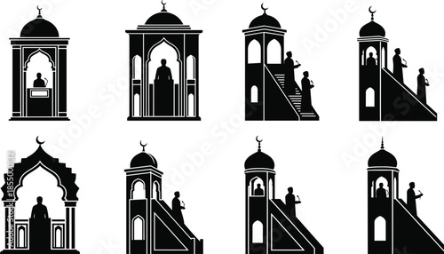 Islamic mosque minbar and mihrab silhouette set showing imam delivering khutbah sermon worship isolated religious architecture vector illustration